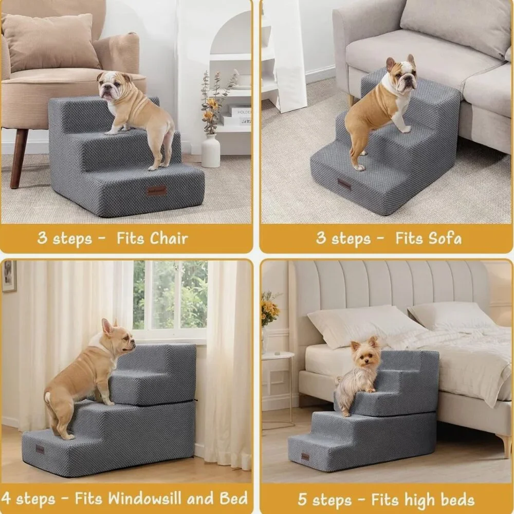 5-Step Dog Stairs for High Beds, Non-Slip Pet Steps, Grey, 22.6